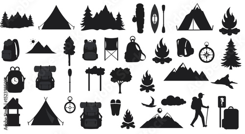Camping and Hiking Black Silhouette Icons Tents Mountains Backpacks and Campfires