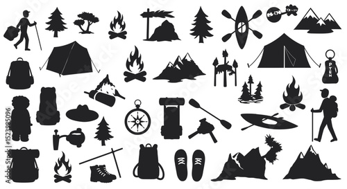 Camping and Outdoor Adventure Icons Silhouetted Elements for Wilderness Exploration