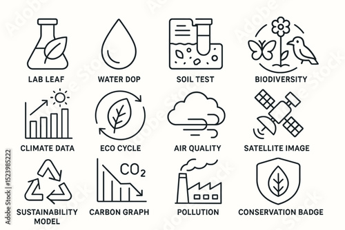 Eco and environmental icon set highlighting sustainability, biodiversity, and climate data