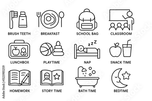 Daily school routine icons: breakfast, classroom, playtime, homework, bedtime activities