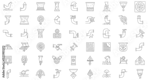 Collection of Detailed Outline Icons Depicting Various Plumbing and Drainage Systems