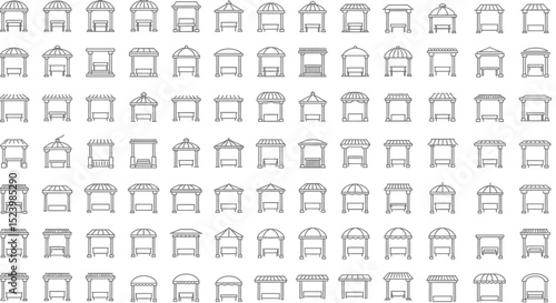 Collection of Gazebo Line Art Icons with Varied Roof Styles and Bench Designs
