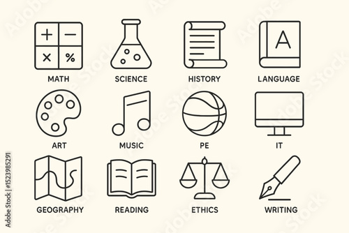 Educational icons representing various subjects and skills