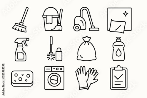 Cleaning icons set: broom, vacuum, gloves, bucket, garbage, soap, checklist