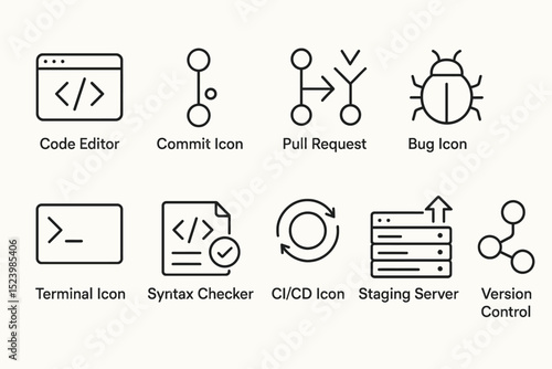 Icons representing code editor, pull request, bug, terminal, ci/cd, version control