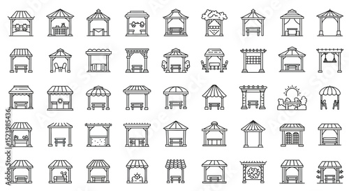 Collection of Unique Gazebo and Pergola Line Art Icons with Varied Designs