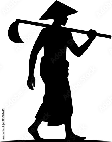 Classic black silhouette of a Sri Lankan farmer in a sarong and conical hat carrying a hoe over his shoulder, walking barefoot on flat ground, symbolizing rural lifestyle and agrarian culture