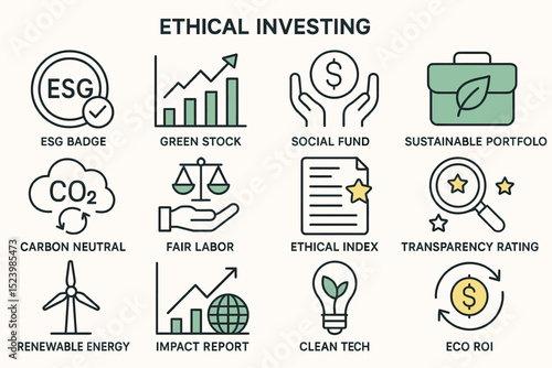 Icons representing ethical investing and sustainability concepts