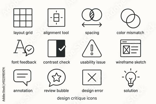 Design critique icons: tools for layout, alignment, spacing, and usability