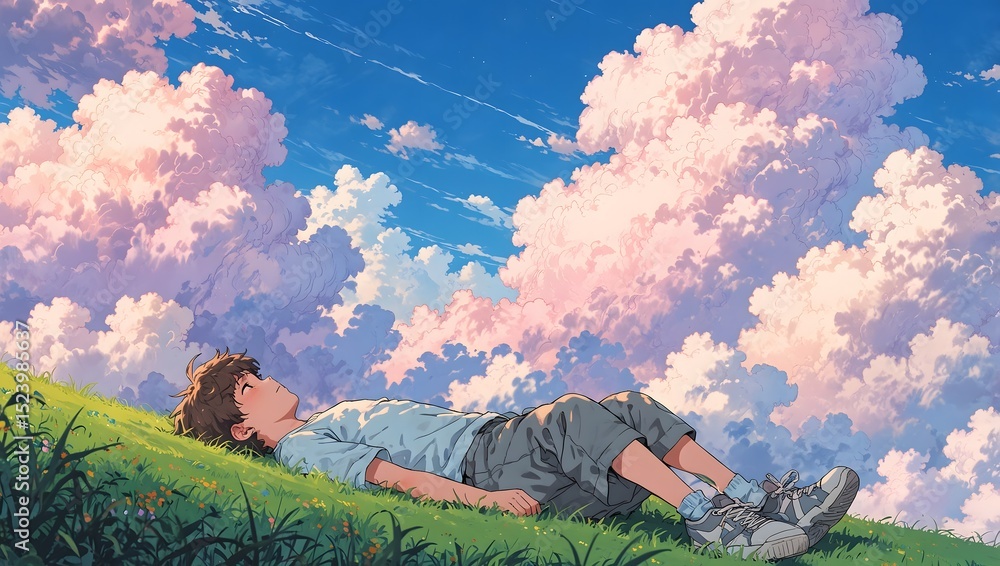 Obraz premium A lone boy lying the grassy field looking at the sky, anime style illustration