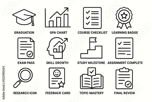 Education icons: graduation, gpa chart, learning badge, skill growth, final review