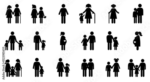 Diverse family icons depicting various relationships and stages of life in black silhouette