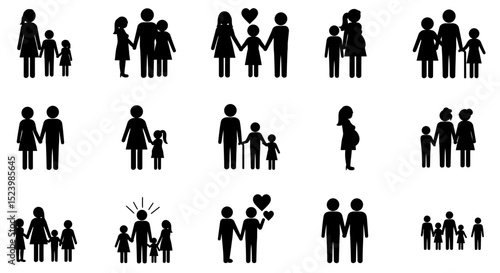Diverse family stick figures parents children couples pregnancy and intergenerational bonds