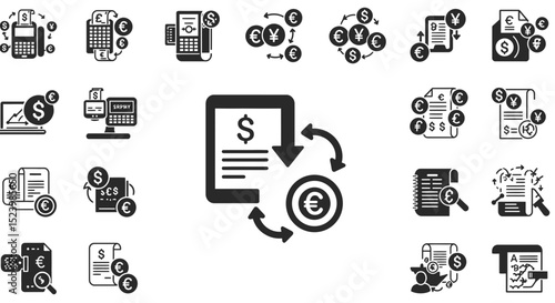Diverse Financial Icons Currency Exchange Transactions and Global Finance Symbols