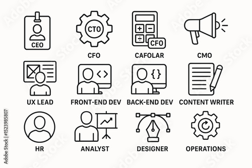 Corporate roles and icons: ceo, cfo, cto, ux lead, front-end dev, hr, analyst, designer