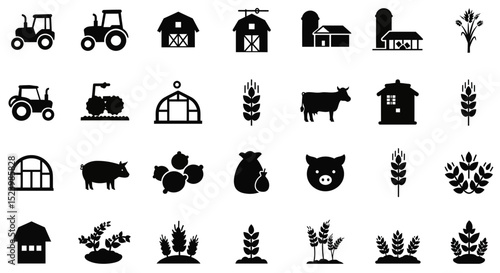 Farm and Agriculture Pictograms Tractors Barns Livestock and Crops in Black Silhouette