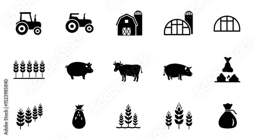 Farm Icons Tractors Barn Animals and Crops in Black Silhouette