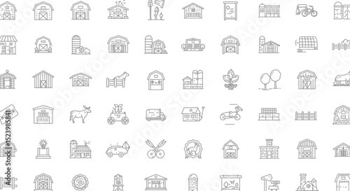 Farm and Agriculture Thin Line Icon Set Barns Animals and Equipment