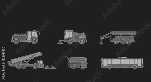 Gray Scale Line Art of Various Utility Vehicles and a Bus