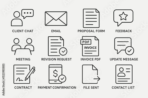 Business communication icons set: chat, email, proposal, feedback, meeting