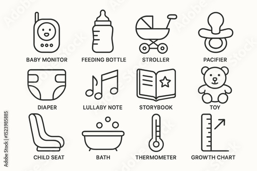 Essential baby items: monitors, bottles, strollers, and more in outline icons
