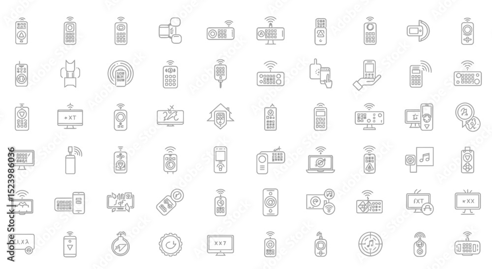 Line art collection of remote controls and devices with wireless signal icons Line art collection of remote controls and devices with wireless signal icons