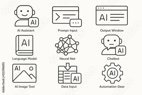 Ai technology icons including assistant, language model, neural net, and automation gear