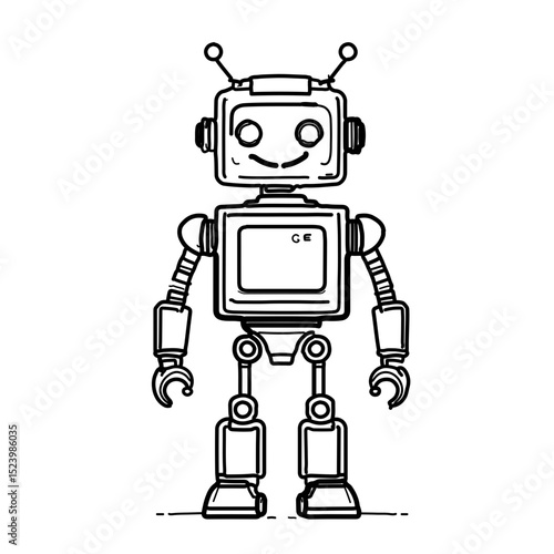 Cute Retro Robot Vector Line Art with Thick Outlines