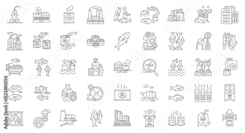 Line Art Icons Depicting Fish Processing Canning and Seafood Industry Elements