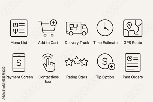 Icons for menu, cart, delivery, time, gps, payment, contactless, rating, tip, orders