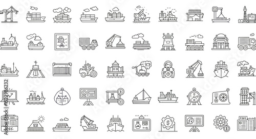 Maritime transport and logistics line icons depicting ships cranes and cargo