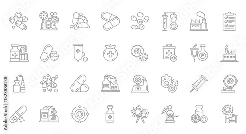 Medical and Pharmaceutical Outline Icons Pills Syringes Factories and More
