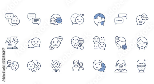 Mental Health and Communication Line Icons Depicting Emotions and Support