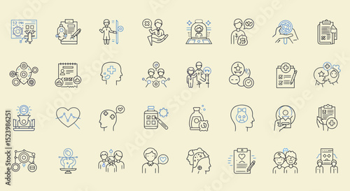 Mental health and wellness line icons depicting therapy support and psychological care
