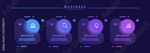 Infographic label design template featuring icons and four distinct steps. Ideal for process charts, presentation slides, workflow schemes, banners, flow diagrams, and data visualizations.