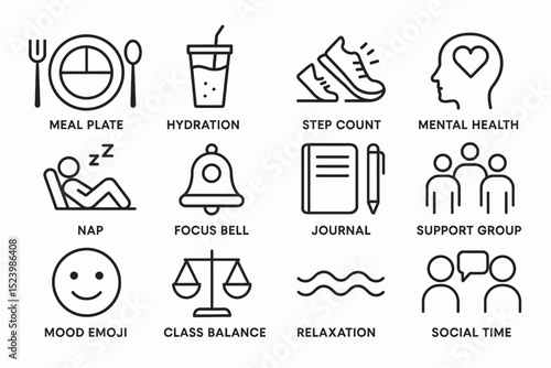 Icons illustrating healthy lifestyle tips: nutrition, exercise, mental well-being, social interaction