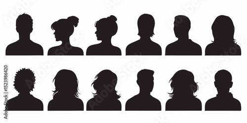 Collection of diverse head silhouettes showcasing various hairstyles and orientations in a single frame, vector art