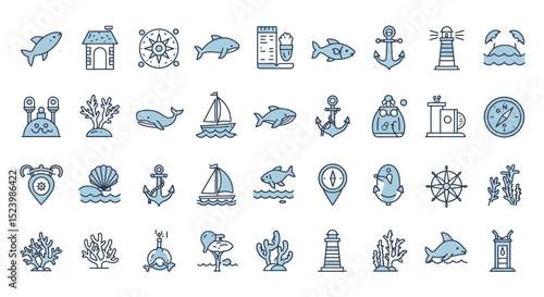 Nautical themed line art icons featuring sea life ships and navigational tools (1)