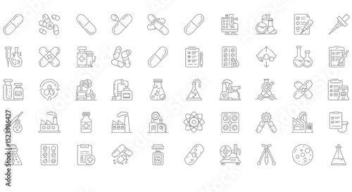 Pharmaceutical and Scientific Outline Icons Capsules Equipment and Documents