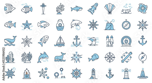Nautical themed line art icons featuring sea life ships and navigational tools