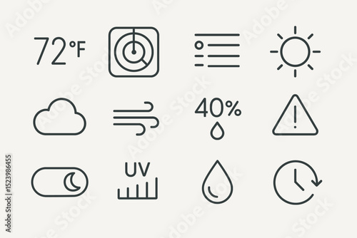 Collection of weather icons including temperature, rain, sun, and wind symbols