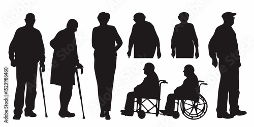 Silhouettes of elderly people standing and sitting in wheelchairs with walking sticks in black color, vector art