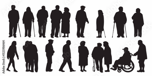 Silhouette illustration showing a group of elderly people walking and using wheelchairs and canes, vector art