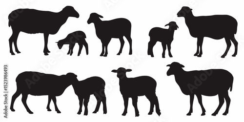 Silhouette illustration of a flock of sheep including lambs on a white background artwork design, vector art