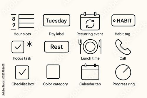Minimalist icon set for scheduling and organizing tasks