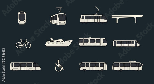 Transportation Icons Subway Tram Train Bus Bicycle Ship and Accessibility Symbol