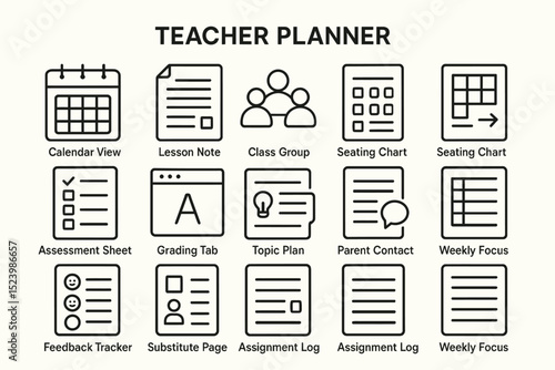 Teacher planner icons: calendar, lesson notes, classroom setup, assessment tools