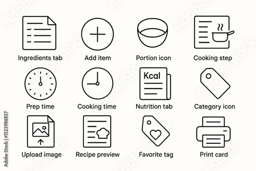 Cooking app icons: ingredients, portion, nutrition, timer, category, print
