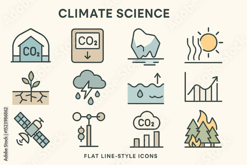 Flat line-style climate science icons: co2, iceberg, deforestation, temperature, precipitation