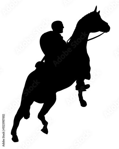 A man is riding a horse. The horse is jumping in the air. The man is wearing a saddle